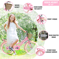 Multiple Colors,Girls Bike With Basket For 7 10 Years Old Kids,20 Inch Wheel ,No Training Wheels Included Cycling Light Pink Garden & Outdoor Carbon Steel