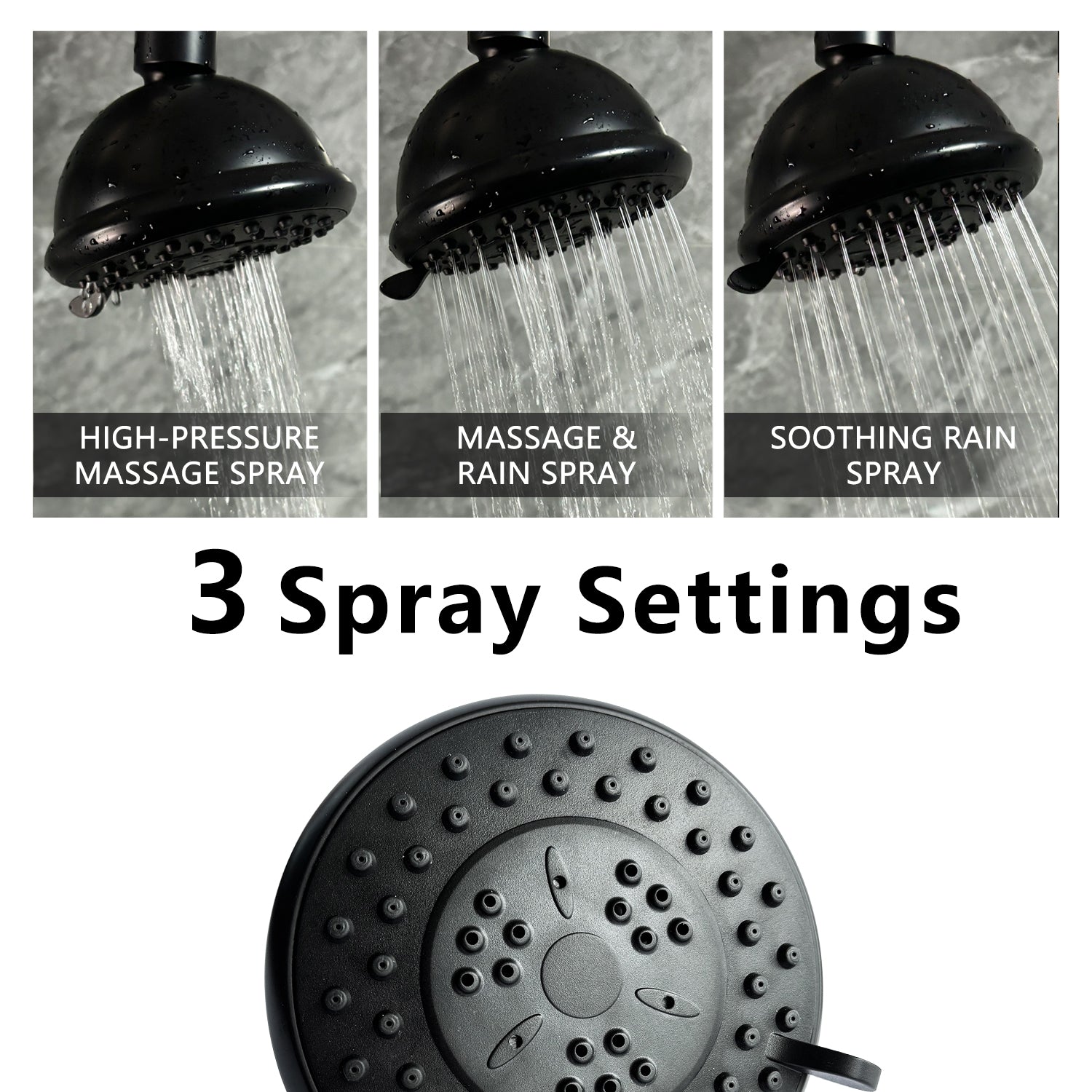 High Pressure Rain Shower Head With 3 Spray Modes, 4 Inch Fixed Bathroom Rainfall Showerhead With Adjustable Swivel Ball Joint, Bathroom Accessories Matte Black Abs