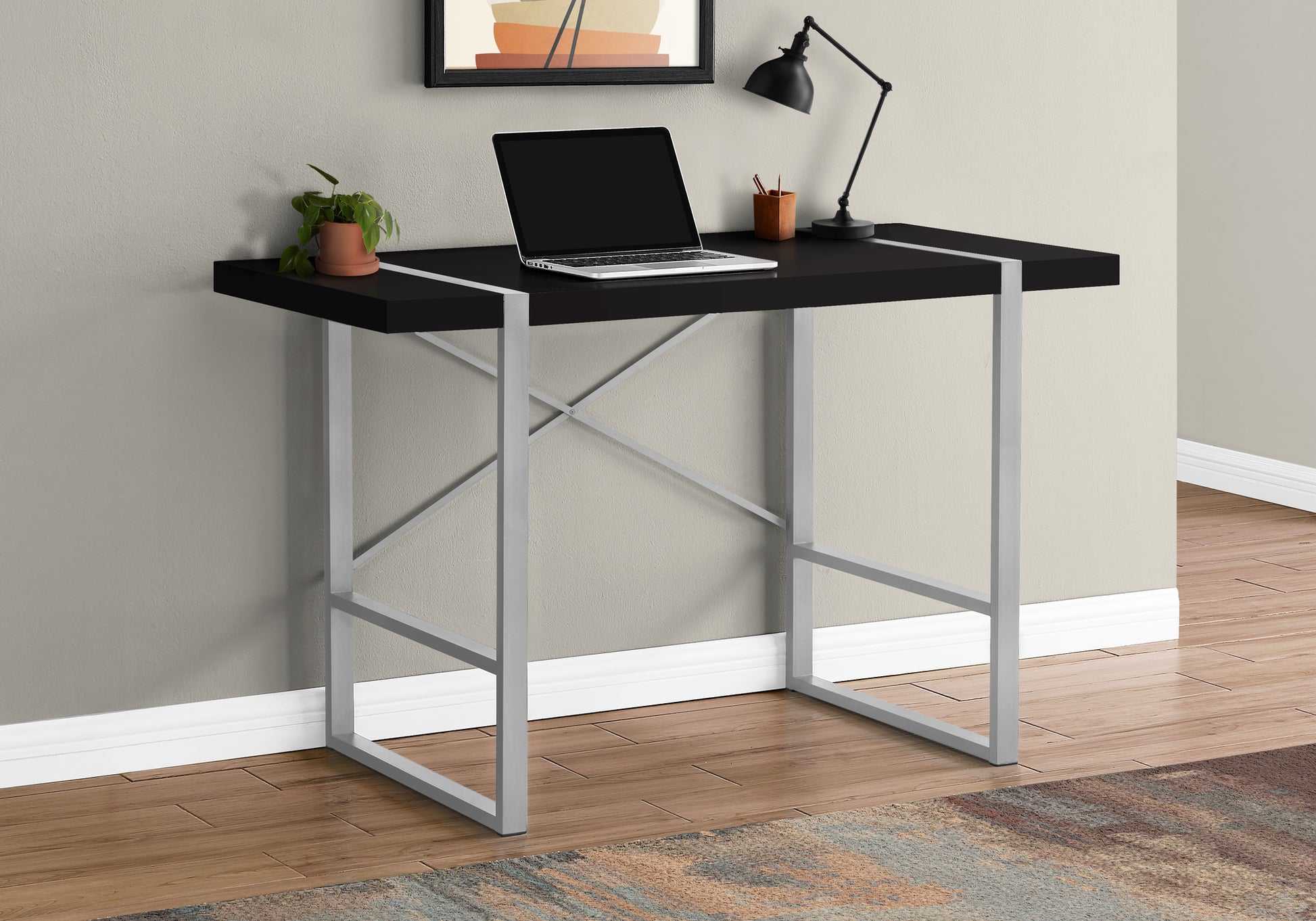 Computer Desk, Home Office, Laptop, 48"L, Work, Black Laminate, Grey Metal, Contemporary, Modern Black Particle Board