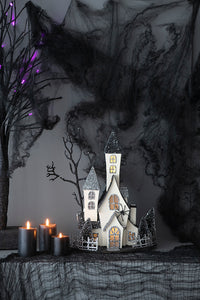 10X8.3X13.5" Cardboard Lighted Haunted House, Black Beige Tabletop Holiday Halloween Decor, Battery Powered Beige Black Paper Composite