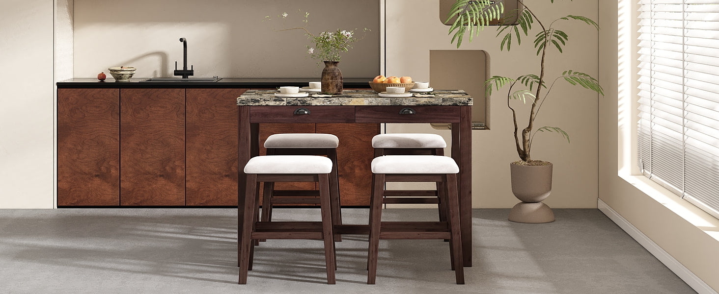 5 Piece Modern Faux Marble Versatile Bar Table Set With Storage Drawers And Padded Stools, Ideal For Space Saving Dining Nooks Or Small Kitchens Walnut Walnut Solid Wood Mdf