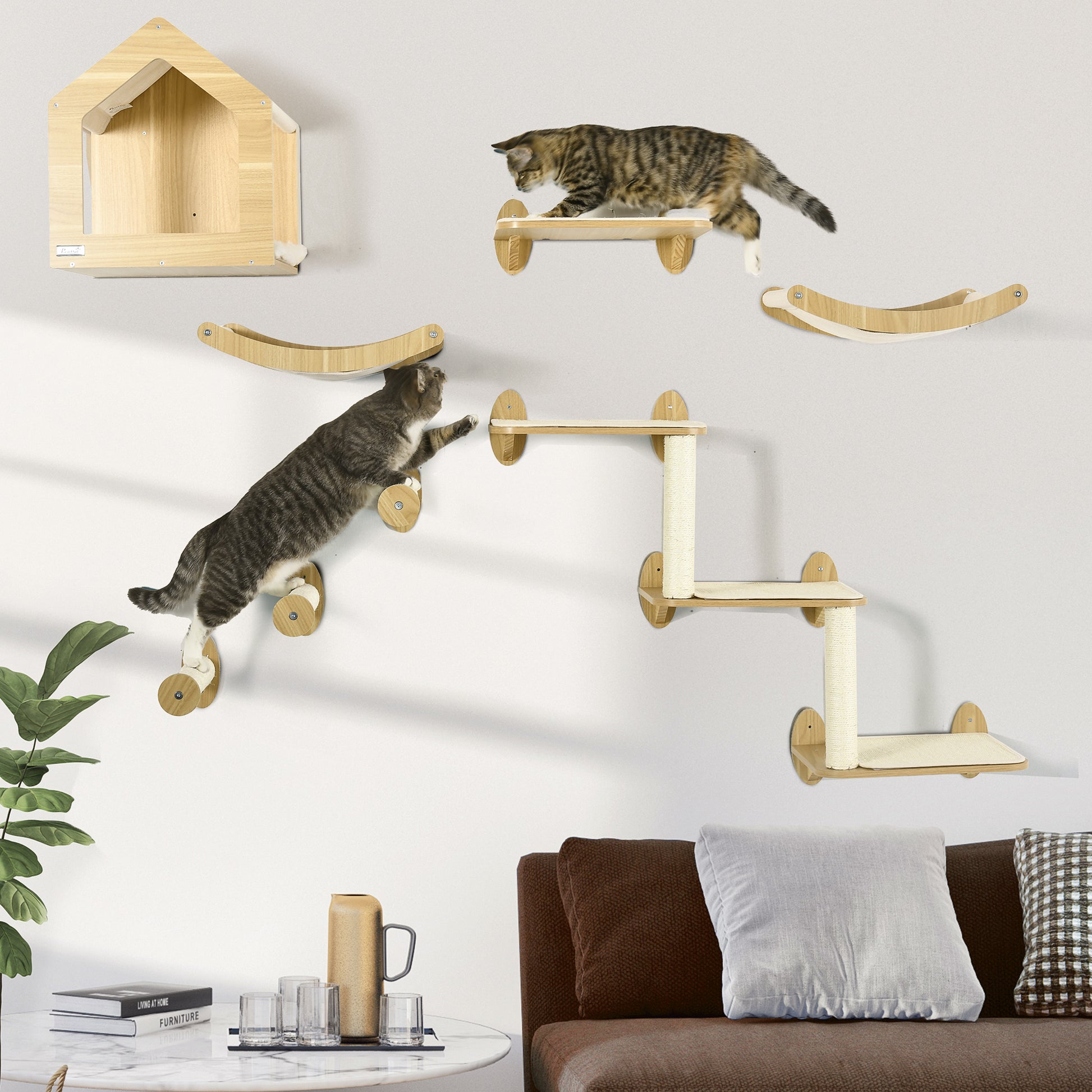 Pawhut Unique Cat Tree Made From Cat Shelves With 10 Levels For More Height, Wall Mounted Cat Tree Climbing Playground With Cat Hammocks, Modern Cat Tree Oak Mdf