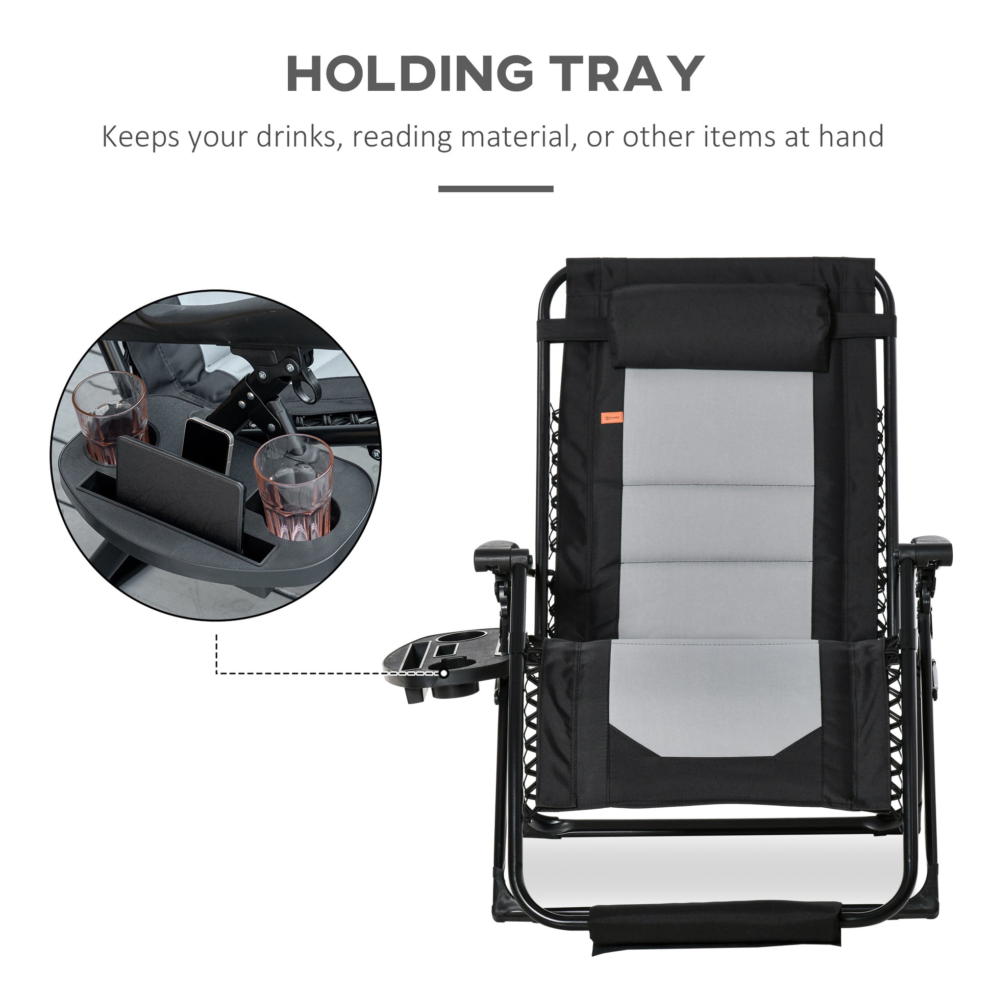 Outsunny Foldable Outdoor Lounge Chair With Footrest, Oversized Padded Zero Gravity Lounge Chair With Headrest, Side Tray, Cup Holders, Armrests For Camping, Lawn, Garden, Black Black Steel