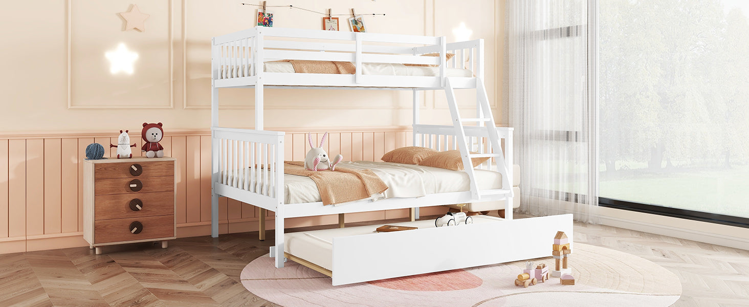 Twin Over Full Rubber Wood Bunk Bed With Trundle, Convertible Ladder And Guardrail, Detachable, Convertible Bed, With Twin Size Trundle ,White Twin White Rubber Wood