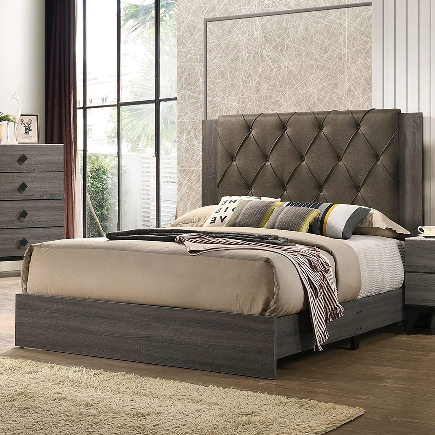 Contemporary 1Pc King Size Bed Bedroom Furniture Tufted Design Headboard Rubberwood 1Pc Bedframe Gray Finish Box Spring Required King Gray Wood Bedroom Classic,Contemporary,Modern,Transitional