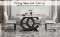 Table And Chair Set.63"X31.5" Marble Pattern Sintered Stone Table With Mdf Oc Shaped Bracket.Paired With 4 White Pu Chairs With Black Metal Legs.Suitable For Kitchen,Dining Room,Etc. White Black
