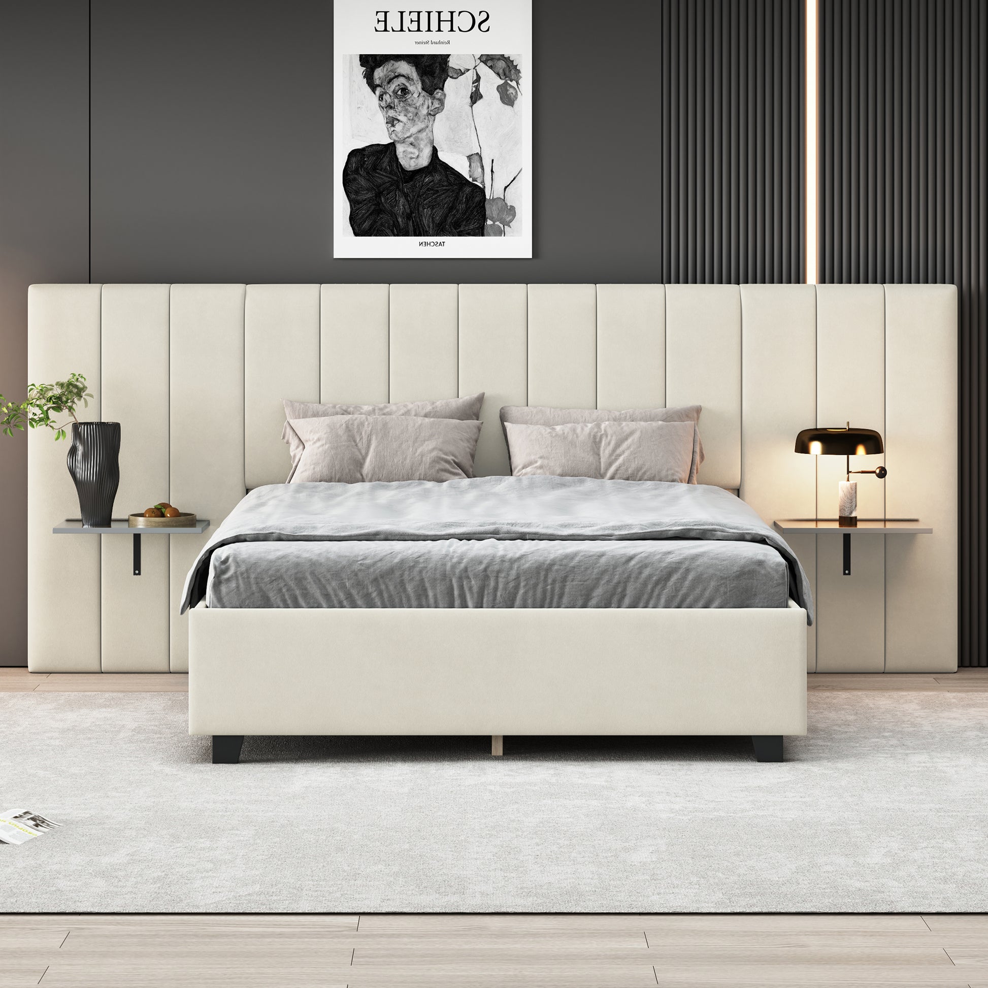 Queen Size Upholstered Platform Bed With Big Headboard, Bedroom Furniture, Velvet, Beige Queen Beige Plywood