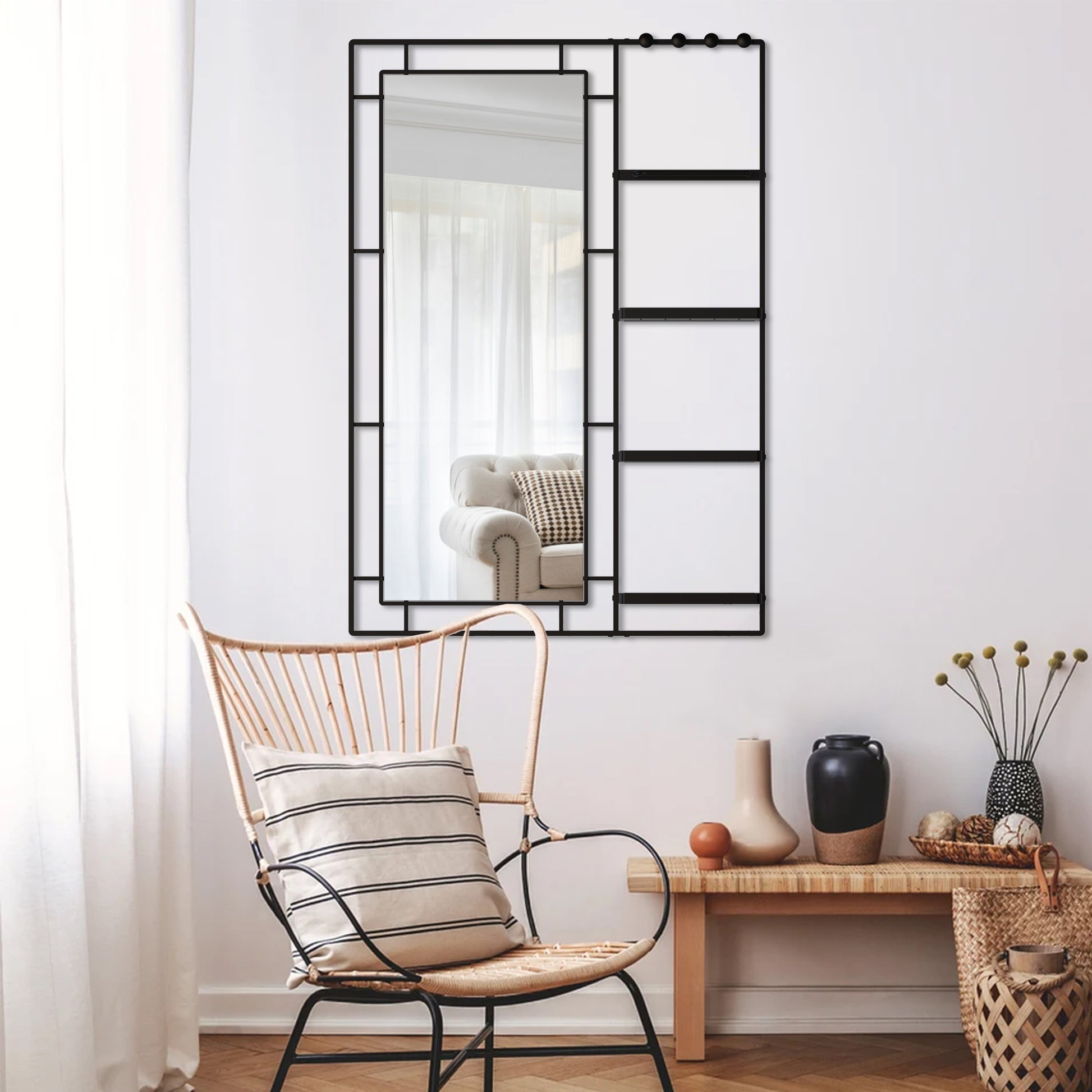 30X44 Ines Modern Vanity Mirror With Multi Functional Shelf, Large Bathroom Mirror, Black Frame Decoration Mirror, Suitable For Bathroom, Living Room, Bedroom Black Metal