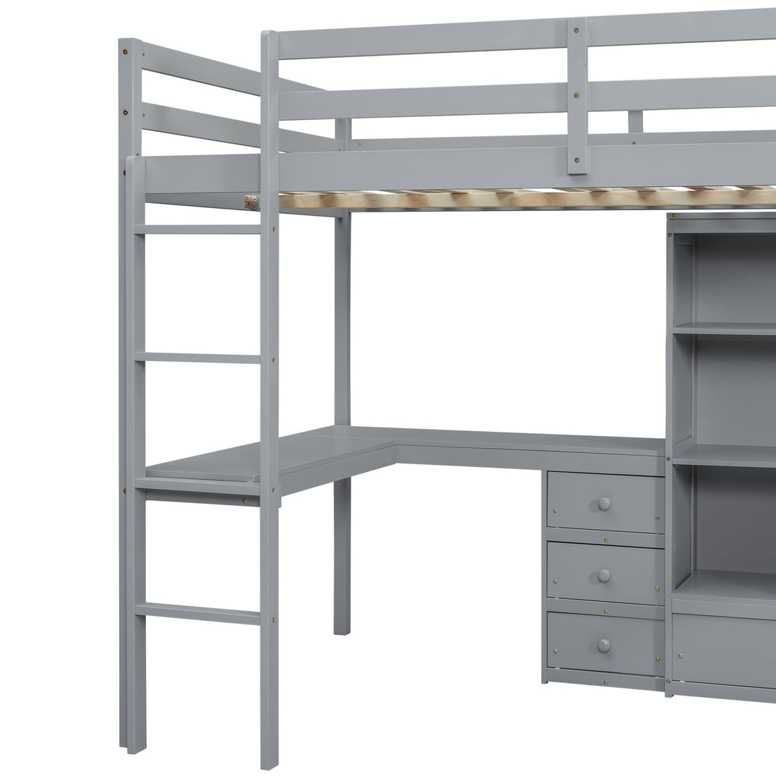 Full Size Loft Wood Bed With Desk, Storage Shelves And Drawers, Built In Ladder, High Loft Bed With Desk, Storage Shelves And Drawers,Guardrails,Grey Full Grey Pine