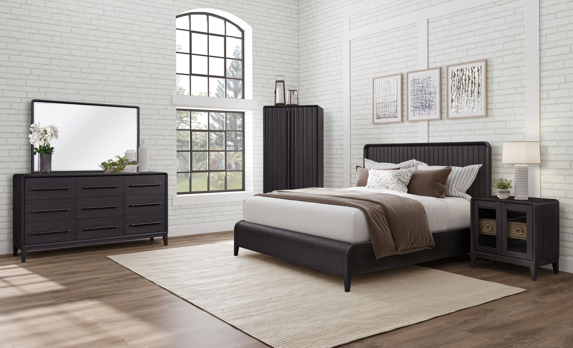 King Waterfall Panel Bed Black Solid Wood Mdf