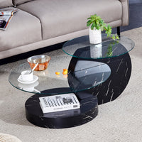 Modern And Practical Double Deck Round Table. Double Storage Space, Made Of Glass Tabletop And Mdf Table Legs. Suitable For Living Room And Bedroom And Dining Room. Black Mdf Glass