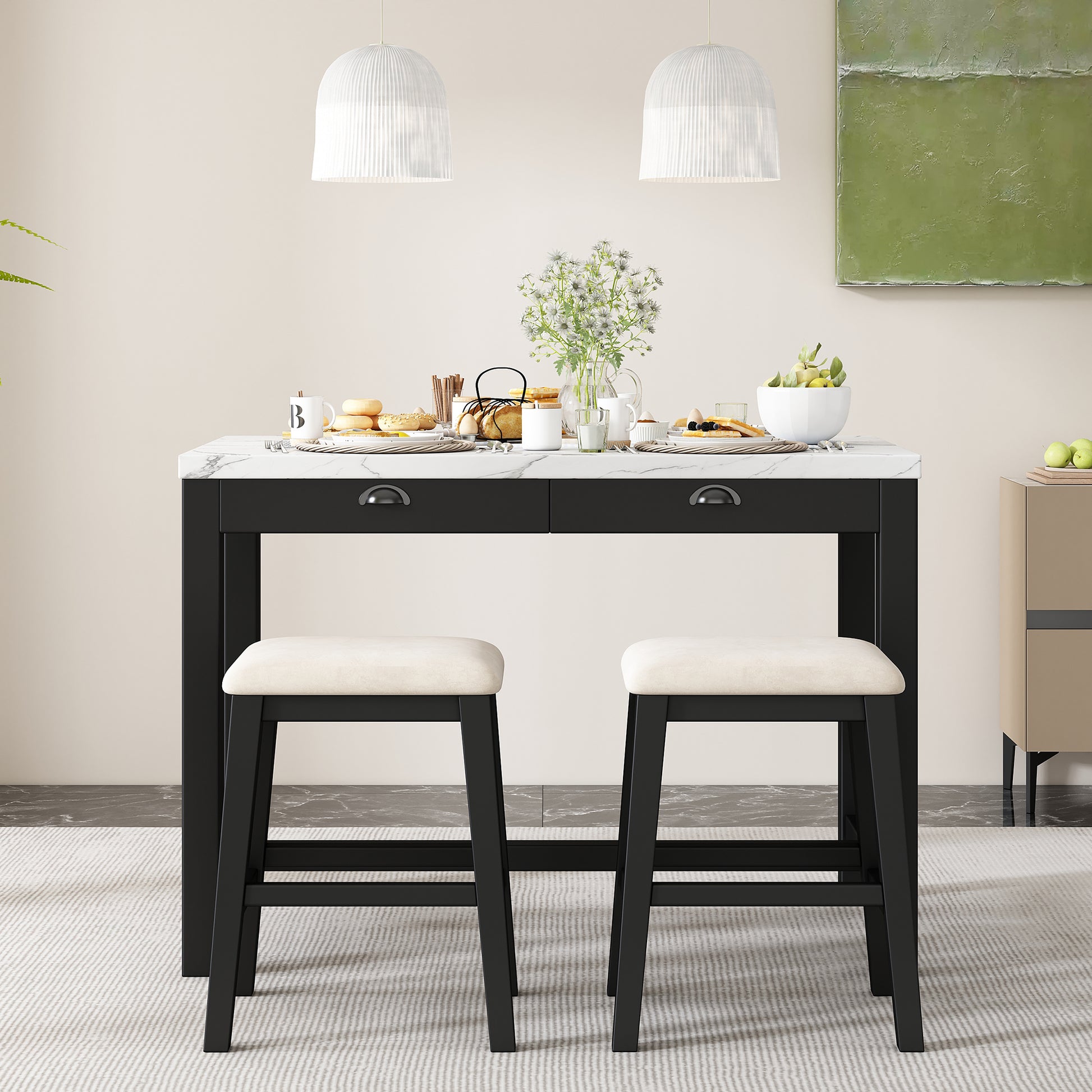 3 Piece Modern Faux Marble Versatile Bar Table Set With Storage Drawers And Padded Stools, Ideal For Space Saving Dining Nooks Or Small Kitchens Black Black Solid Wood Mdf