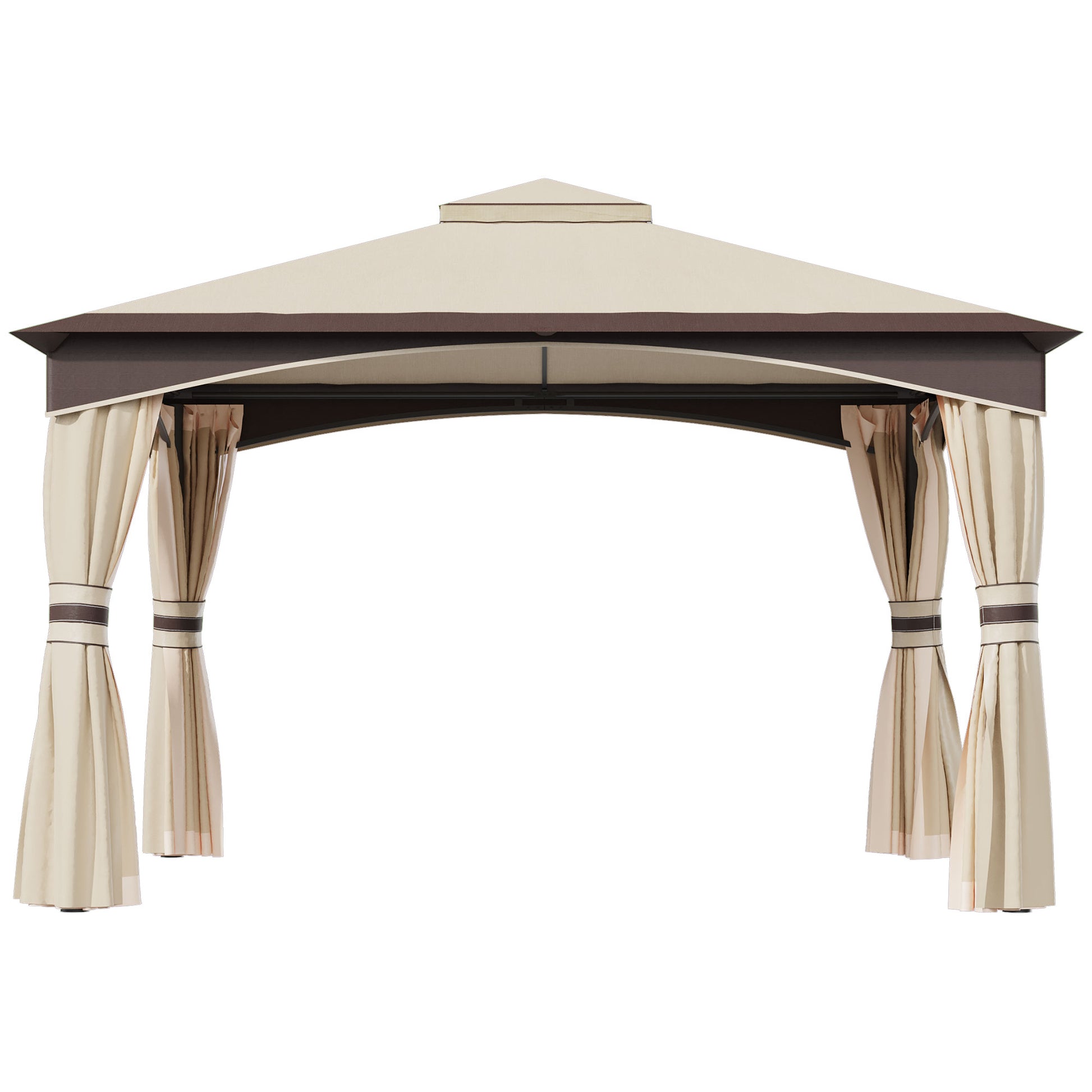 Outsunny 10' X 12' Outdoor Gazebo With Netting And Curtains, Patio Gazebo Canopy With 2 Tier Soft Top Roof And Steel Frame For Lawn, Garden, Backyard And Deck Beige Brown Steel