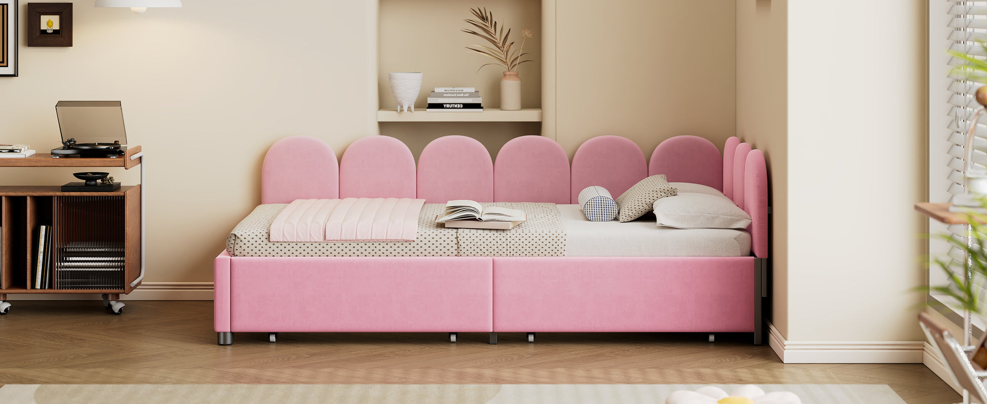 Twin Size Upholstered Daybed With 2 Drawers, Velvet Sofabed With Soft Fabric Headboard, No Box Spring Needed, Pink Twin Pink Wood Fabric