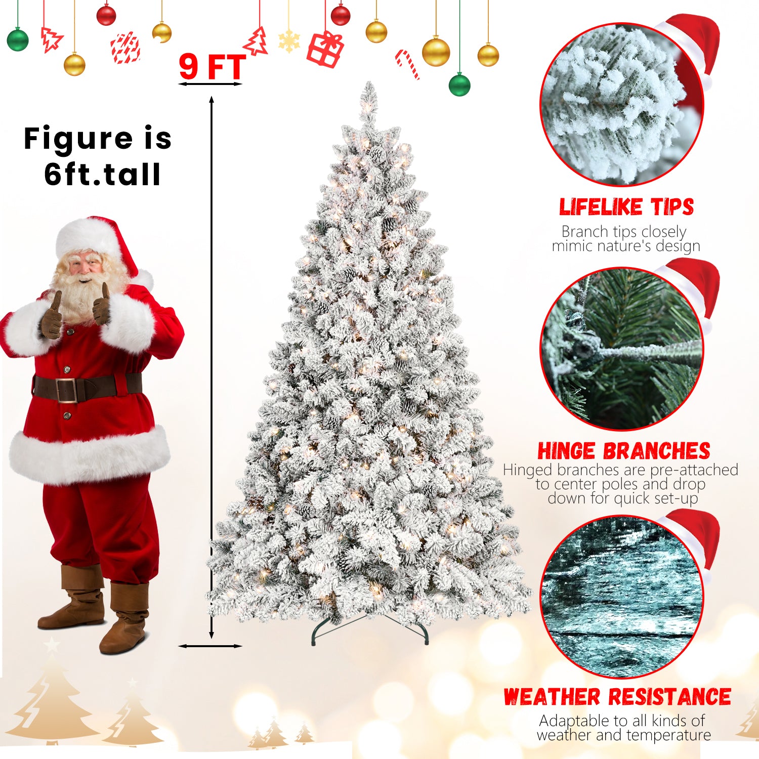 9Ft Snow Flocked Artificial Christmas Tree With Pine Cones, Prelit Xmas Trees, Hinged Easy Assembly & Reinforced Metal Base Ideal For Indoor & Outdoor Festive Decorations White Polyethylene