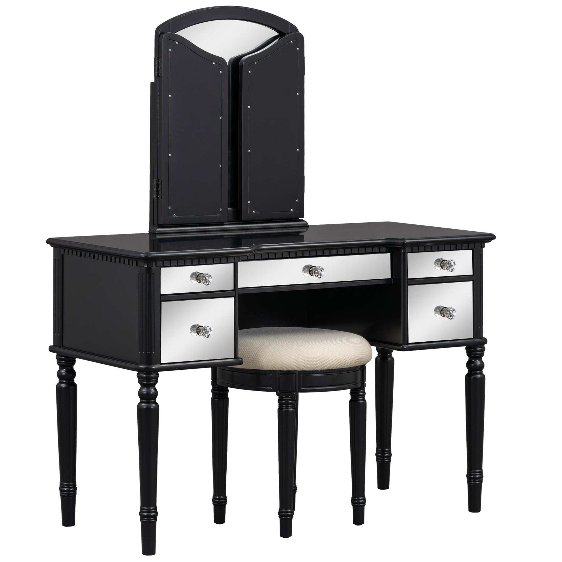 43" Dressing Table Set With Mirrored Drawers And Stool, Tri Fold Mirror, Makeup Vanity Set For Bedroom, Black Black Solid Wood Mdf