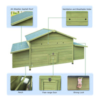 Wooden Chicken Coop Hen House Poultry Cage With 2 Sides Large Nesting Boxes,2 Free Range Doors Green Wood