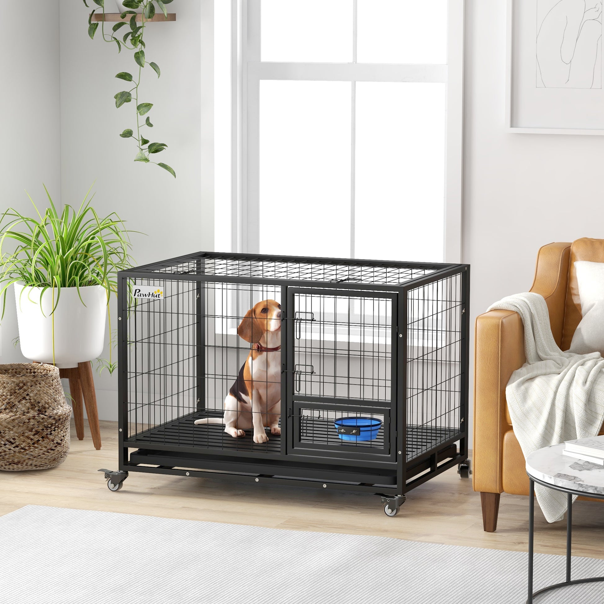 Pawhut 43" Heavy Duty Dog Crate With Bowl Holder, Strong Steel Dog Crate With Wheels, Detachable Door, Openable Top And Removable Tray For Large And Extra Large Dogs, Black Black Steel