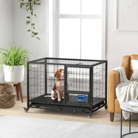 Pawhut 43" Heavy Duty Dog Crate With Bowl Holder, Strong Steel Dog Crate With Wheels, Detachable Door, Openable Top And Removable Tray For Large And Extra Large Dogs, Black Black Steel