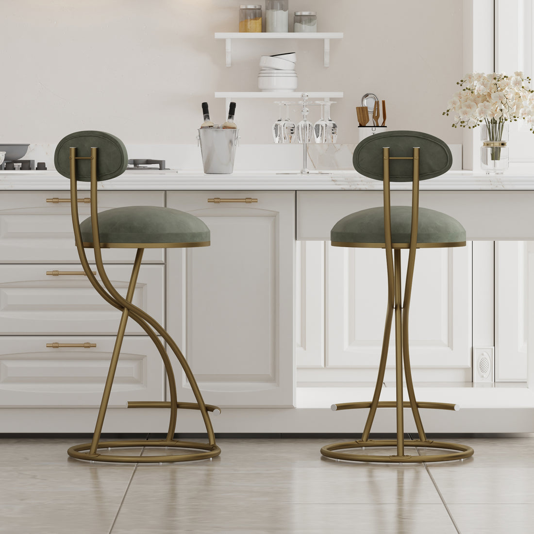 Round Bar Stool Upholstered Dining Stools For Kitchen Counter Set Of 2 Modern Dining Chairs With Backrest & Footrest Gold & Green Metal Green Kitchen Powder Coated Dry Clean Modern Set Of 2 Foam