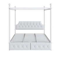 Queen Size Metal Canopy Platform Bed With Upholstered Headboard And Two Storage Drawers, White Queen White Metal