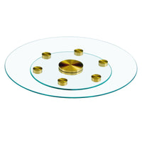 Double Layer Rotatable Round Glass.Golden Aluminum Plate,The Rotatable Design Makes It Convenient To Retrieve And Place Items.The Upper Glass Has A Diameter Of 24 Inches, The Lower Glass15 Inches.