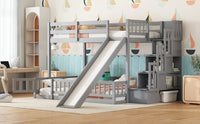 Twin Over Full Bunk Bed With Slide, Storage Staircase, Pine Solid Wooden Bunk Bed With Safety Guardrails ,Grey Grey Pine