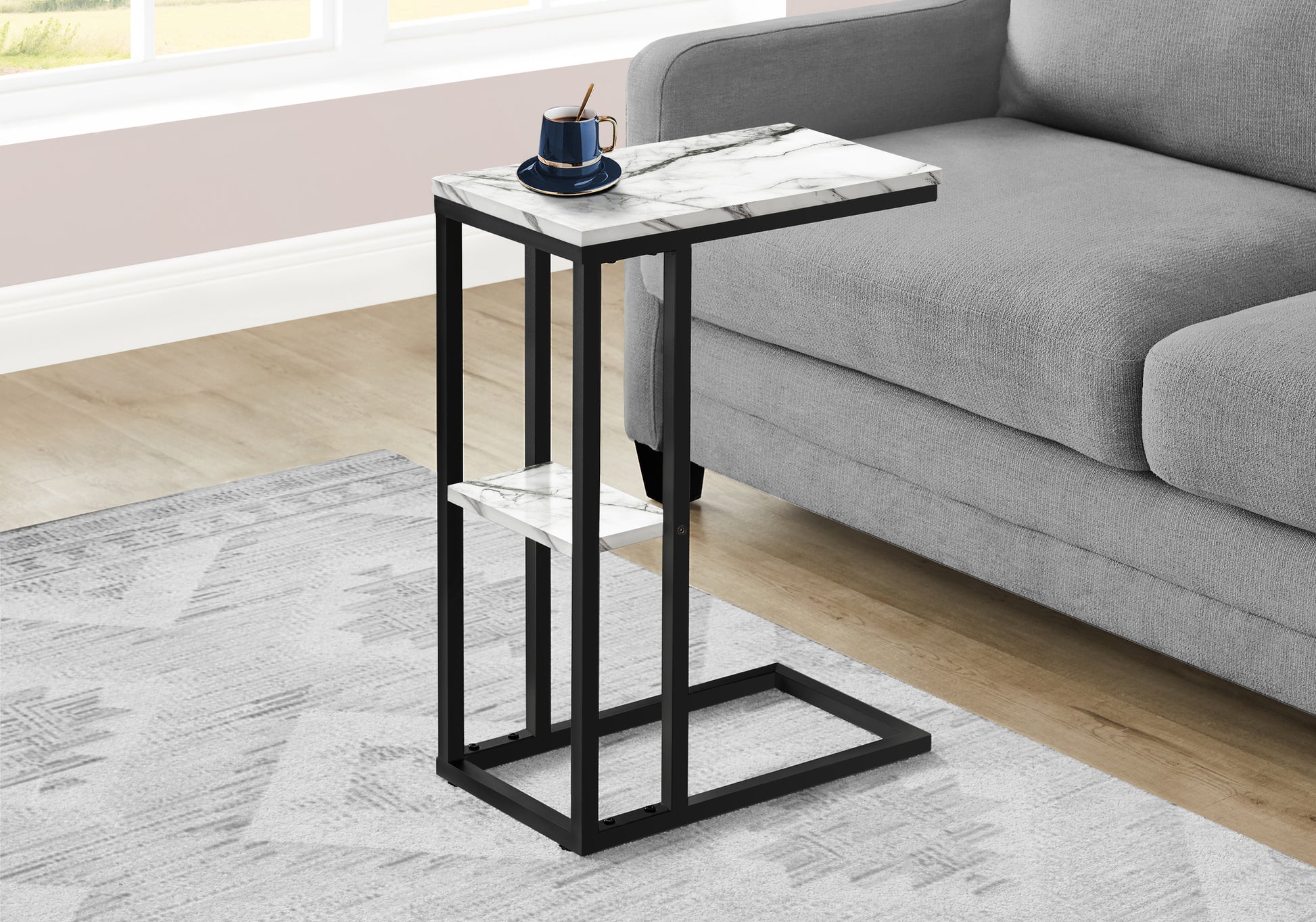 Accent Table, C Shaped, End, Side, Snack, Living Room, Bedroom, White Marble Look Laminate, Black Metal, Contemporary, Modern White Particle Board