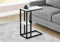 Accent Table, C Shaped, End, Side, Snack, Living Room, Bedroom, White Marble Look Laminate, Black Metal, Contemporary, Modern White Particle Board