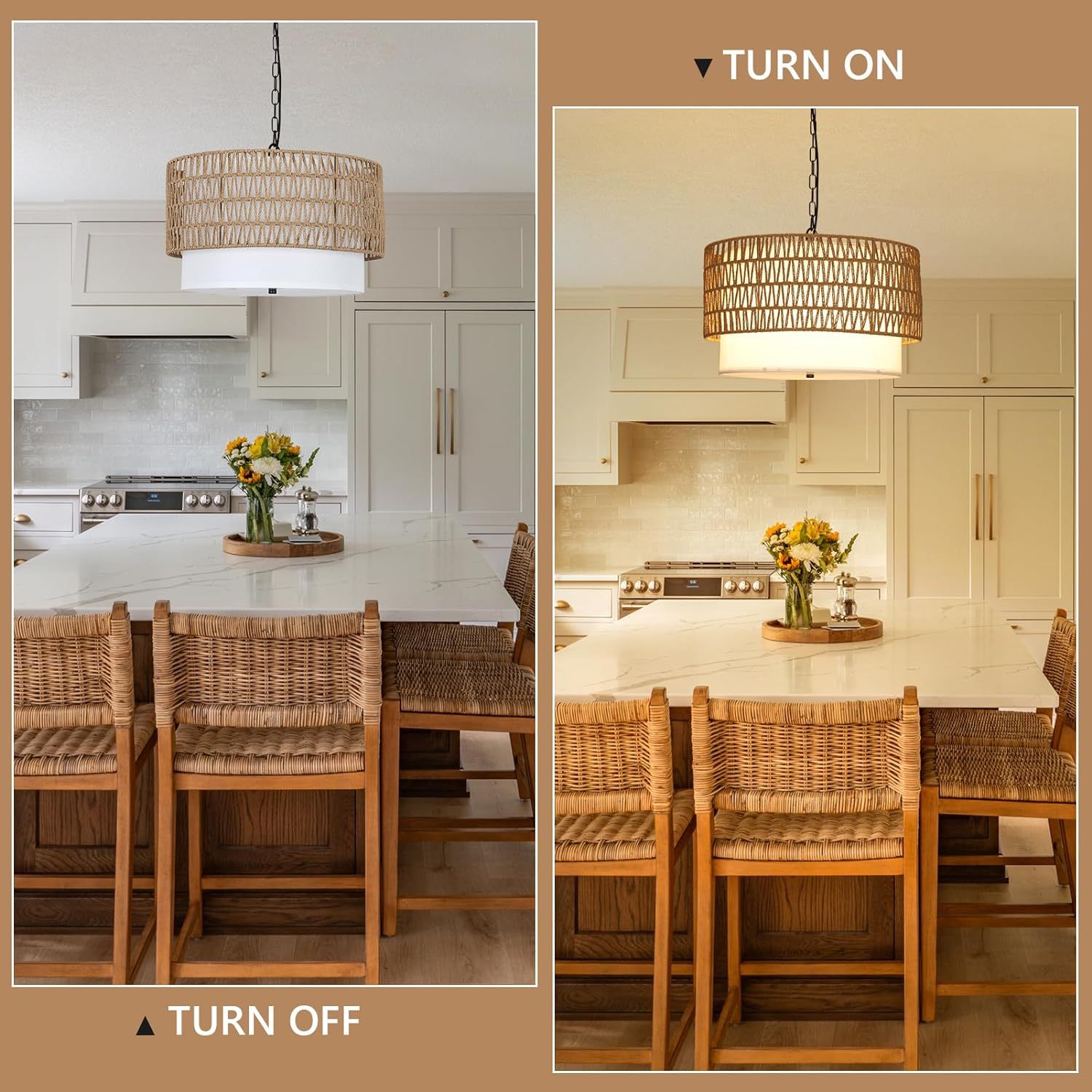 Farmhouse Chandeliers For Dining Room,5 Light Rattan Boho Chandelier Light Fixture With Fabric Shade,Hand Woven Large Rattan Dining Room Light Fixture For Kitchen Bedroom Island Hallway Brown Rattan Metal