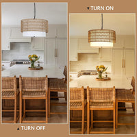 Farmhouse Chandeliers For Dining Room,5 Light Rattan Boho Chandelier Light Fixture With Fabric Shade,Hand Woven Large Rattan Dining Room Light Fixture For Kitchen Bedroom Island Hallway Brown Rattan Metal