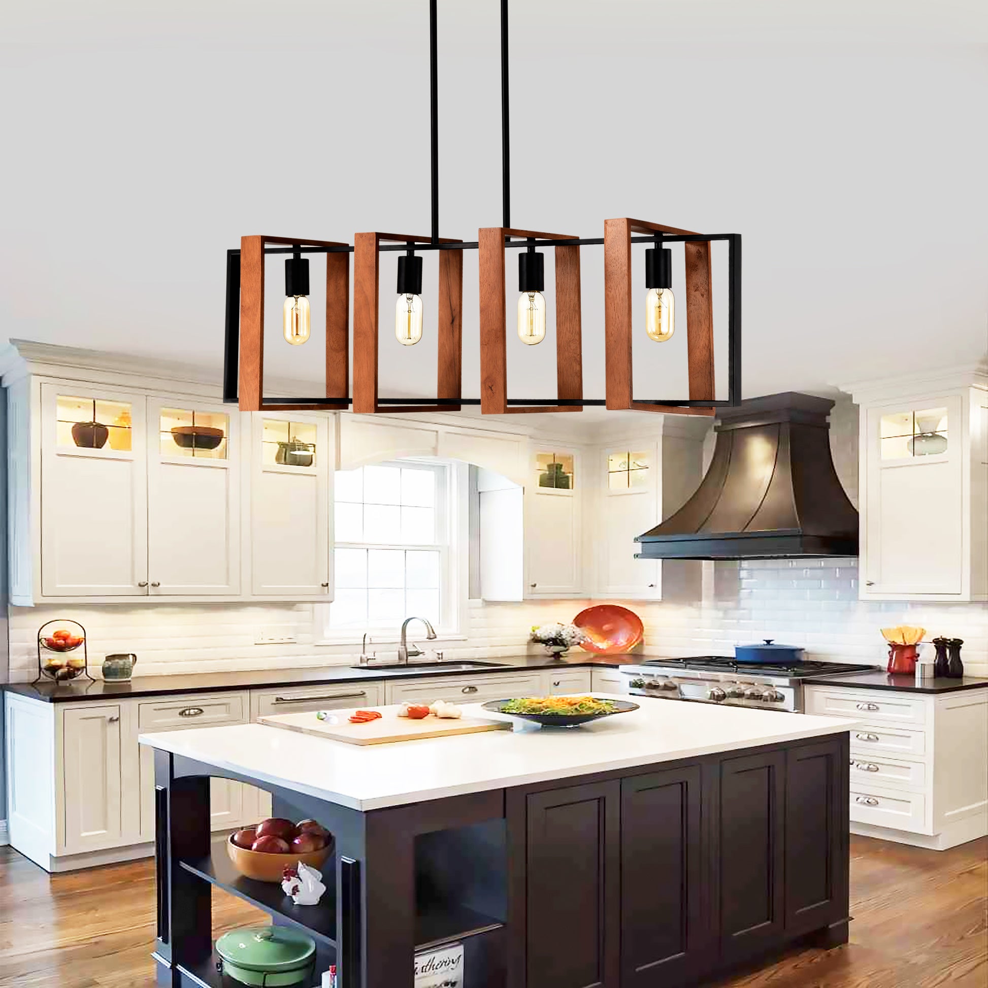 4 Light Kitchen Island Lights Pendant Light Farmhouse Dining Room Light Fixture, Rustic Wood And Black Metal Rectangular Chandelier, 36" Hanging Lighting For Living Room,Conference Room, Home Office