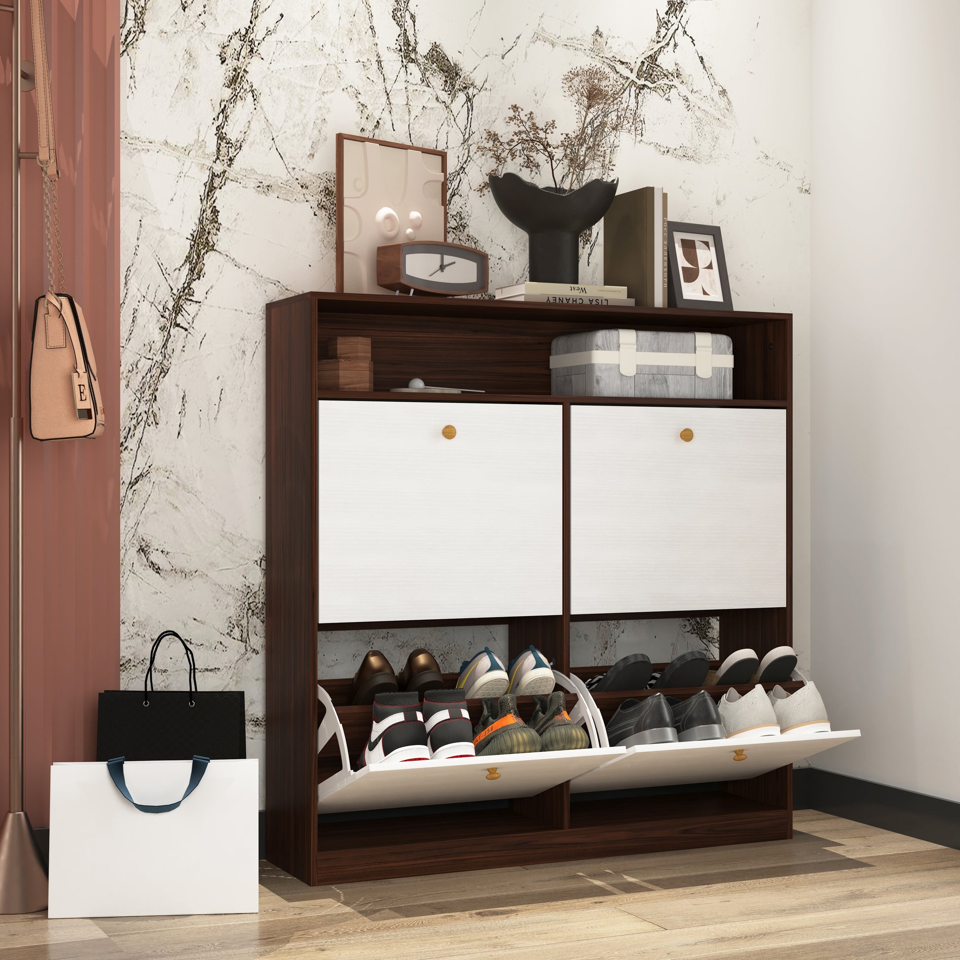 Shoe Storage Cabinet With 4 Flip Drawersshoe Rack Organizer Cabinet With Wooden Handle Freestanding Shoe Cabinet Storage With Anti Tip Fitting For Entryway, Hallway 5 Or More Spaces Walnut Primary