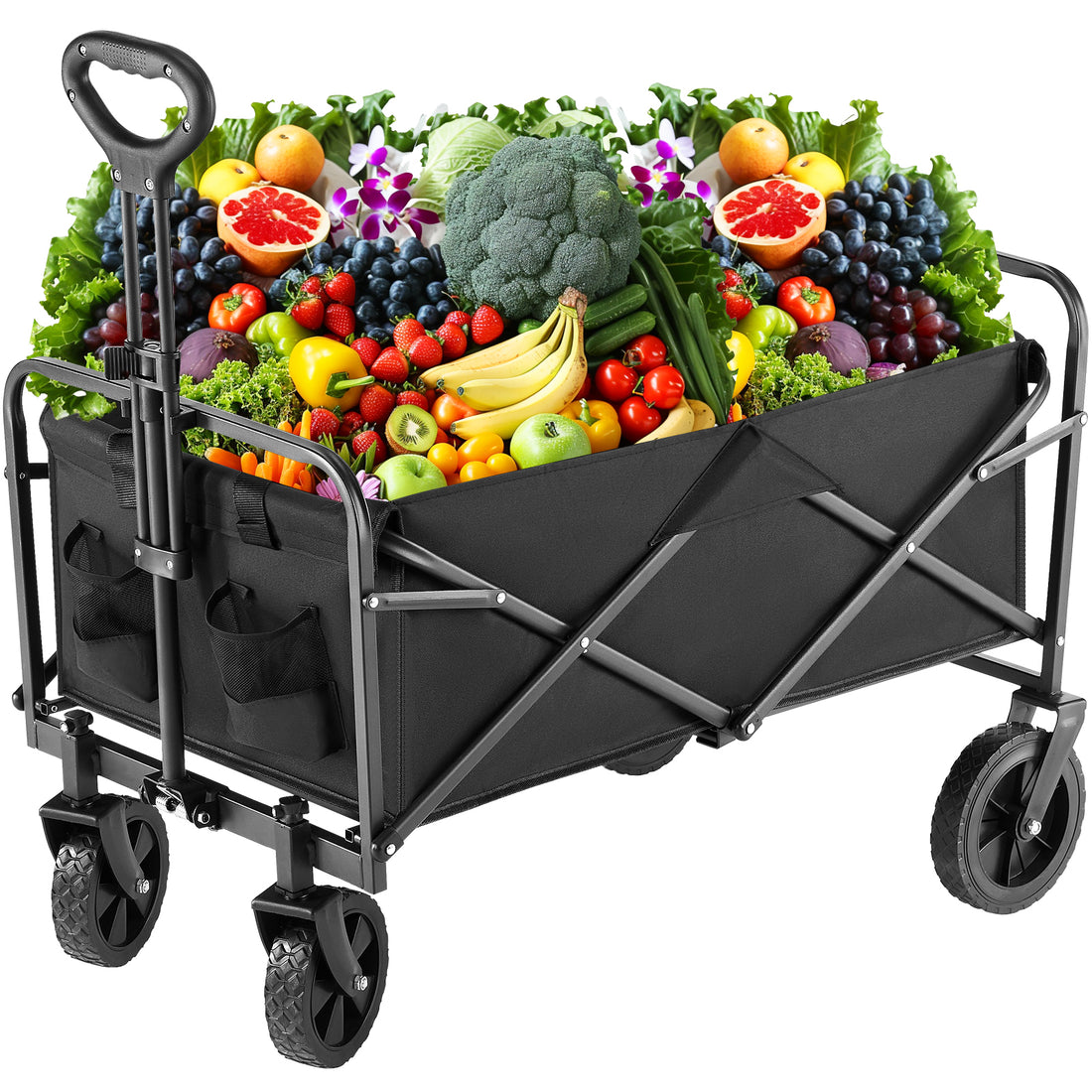 Folding Wagon Cart With Wheels, Foldable Grocery Cart,Small, Black Black Iron