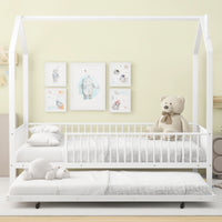 Full Size Metal House Bed With Fence, With Trundle, White Full White Metal