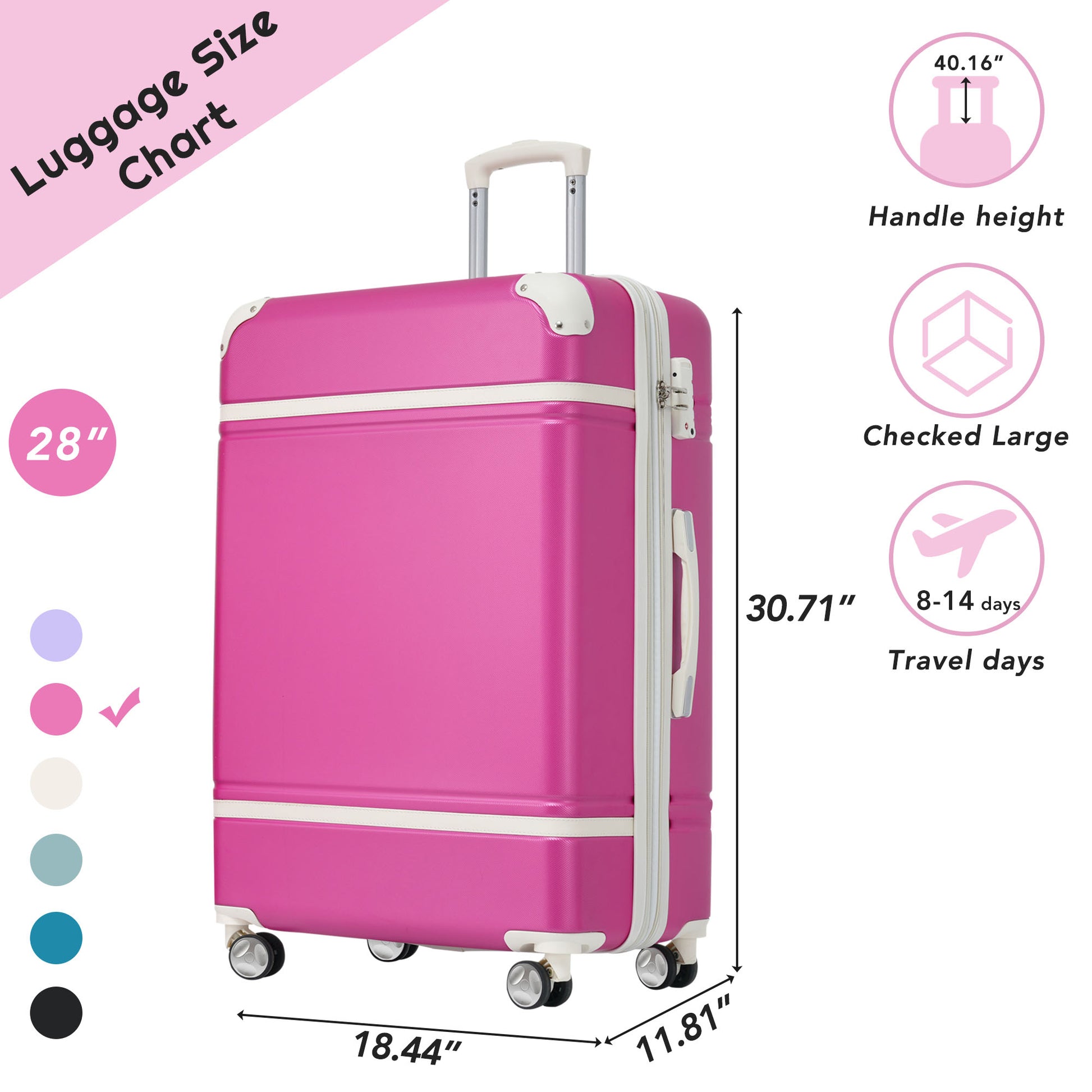 28 In Luggage 1 Piece With Tsa Lockexpandable Lightweight Suitcase Spinner Wheels, Vintage Luggage,Pink Change To Sku:N732P171623H Pink Abs