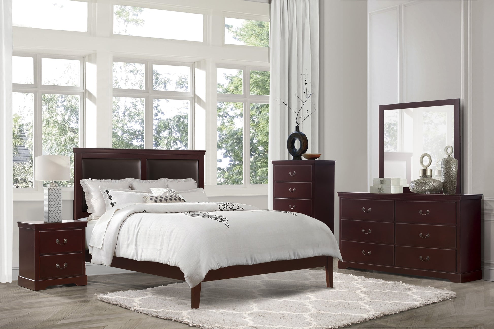 Classic Cherry Finish Full Size Panel Bed Upholstered Headboard Wooden Bedroom Furniture 1Pc Box Spring Required Full Cherry Wood Bedroom Panel Faux Leather Wood