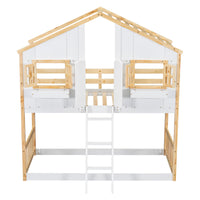 Twin Over Twin House Bunk Bed With Roofwindow, Window Box, Doorwith Safety Guardrails And Ladder, Natural White Twin Natural White Pine