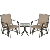 Outsunny 3 Piece Outdoor Glider Chair With Coffee Table Bistro Set, 2 Patio Rocking Swing Chairs Withsling Fabric, Glass Tabletop, For Backyard, Garden And Porch, Mixed Brown Brown Fabric Metal