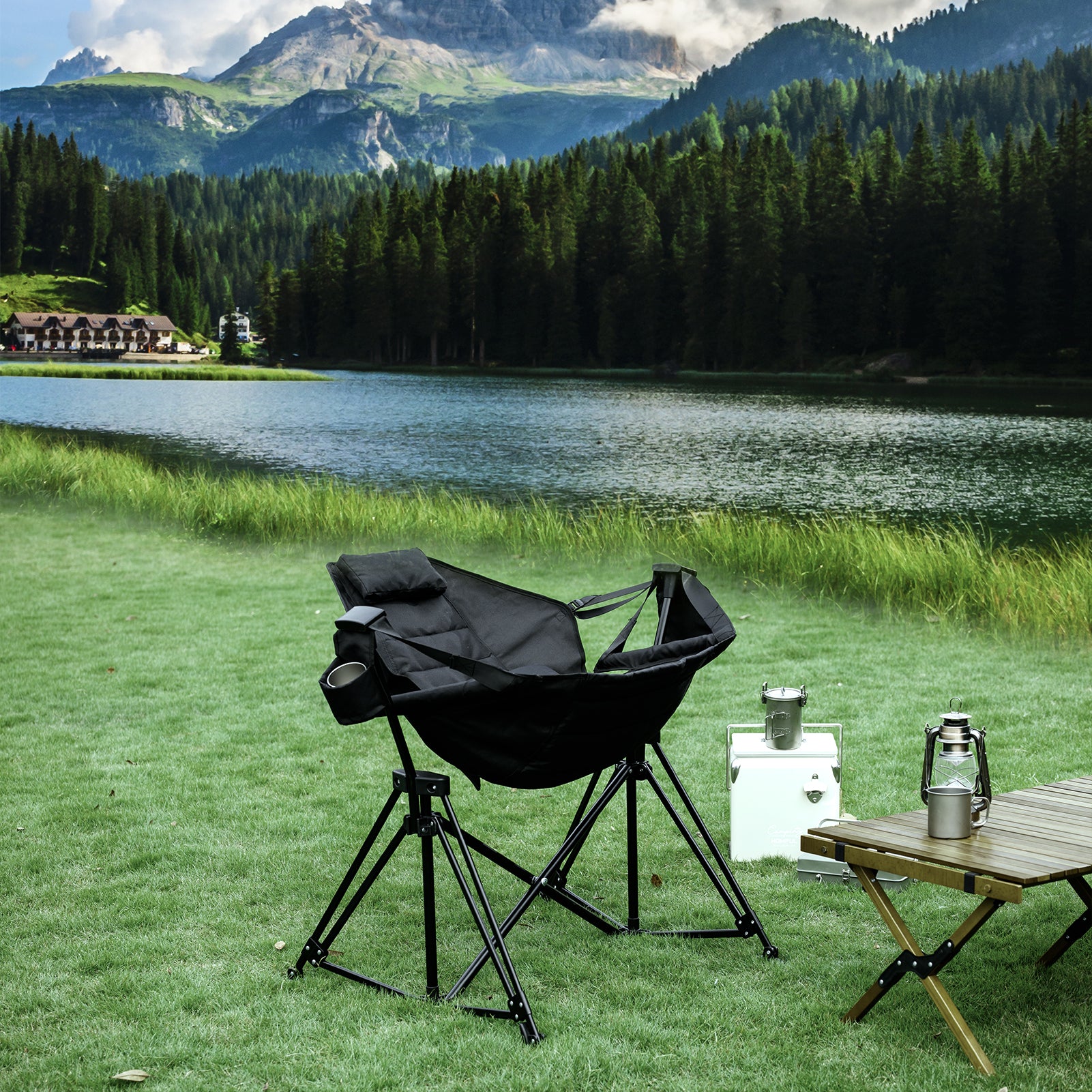 Hammock Camping Chair Folding 350 Lbs Foldable Portable Rocking Chairs For Adults Outside Swinging Camp With Stand Lawn Garden Hanging Outdoor Black Iron