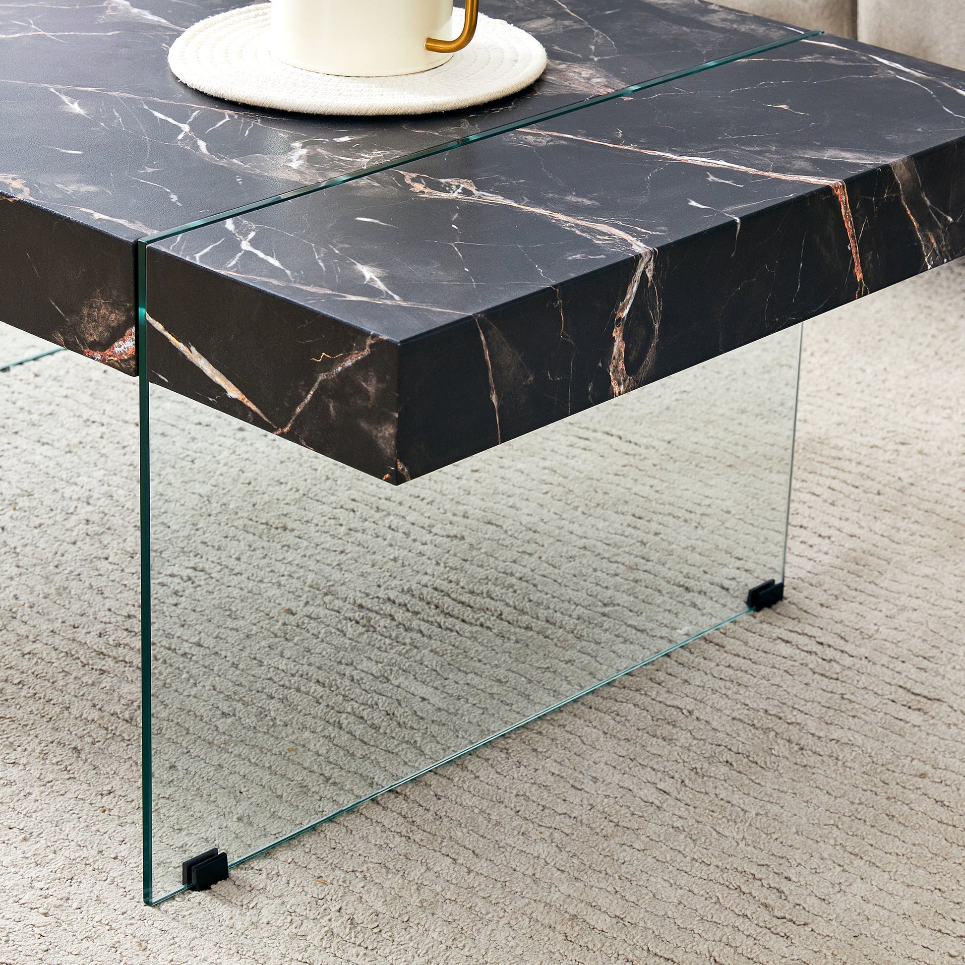 43.3"X23.6" Black Marble Patterned Mdf Coffee Table With Tempered Glass Legs.Suitable For Living Room.It Can Be Used Not Only As A Coffee Table But Also As A Side Table Or Display Stand.