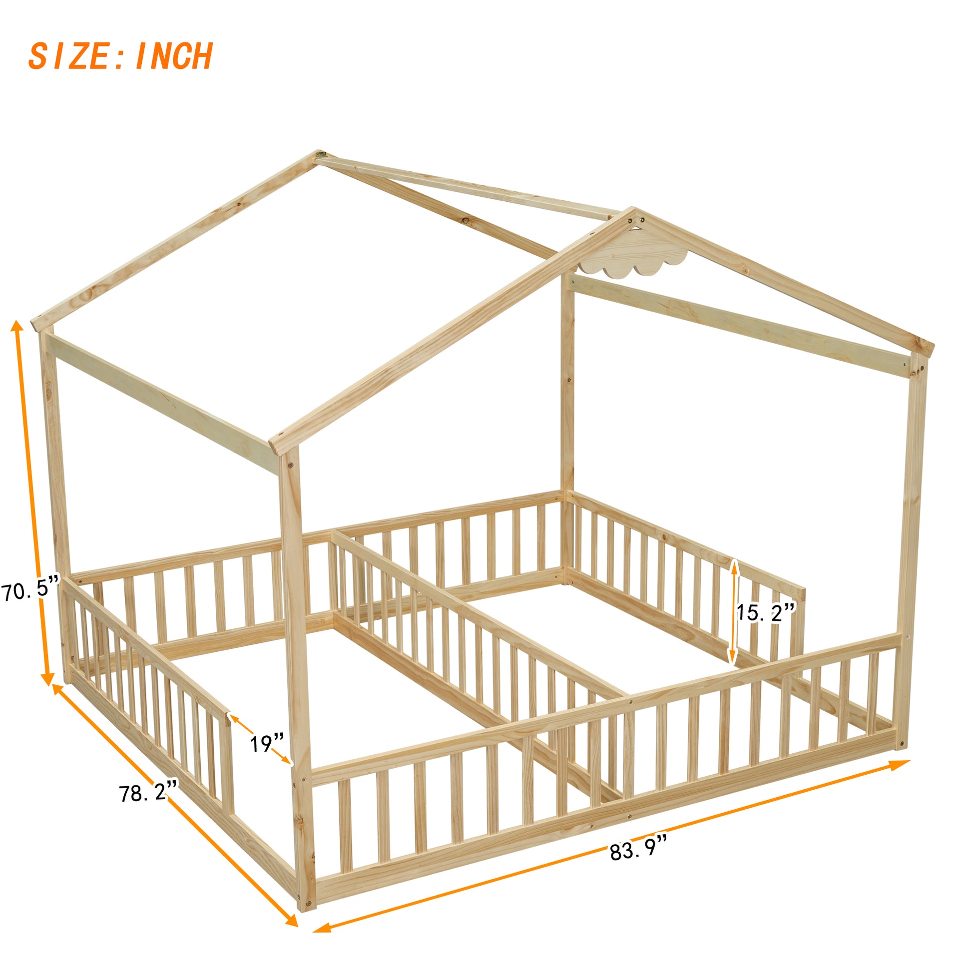 Double Twin House Style Floor Bed With Fence, Guardrails, Without Door, Natural Twin Natural American Design Pine