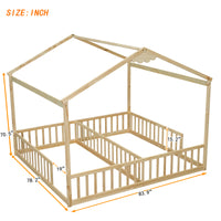 Double Twin House Style Floor Bed With Fence, Guardrails, Without Door, Natural Twin Natural American Design Pine