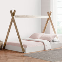 Pipa Modern Full Bed, Crossed Wood A Frame Tent Stand, Crisp White Base Brown White Engineered Wood