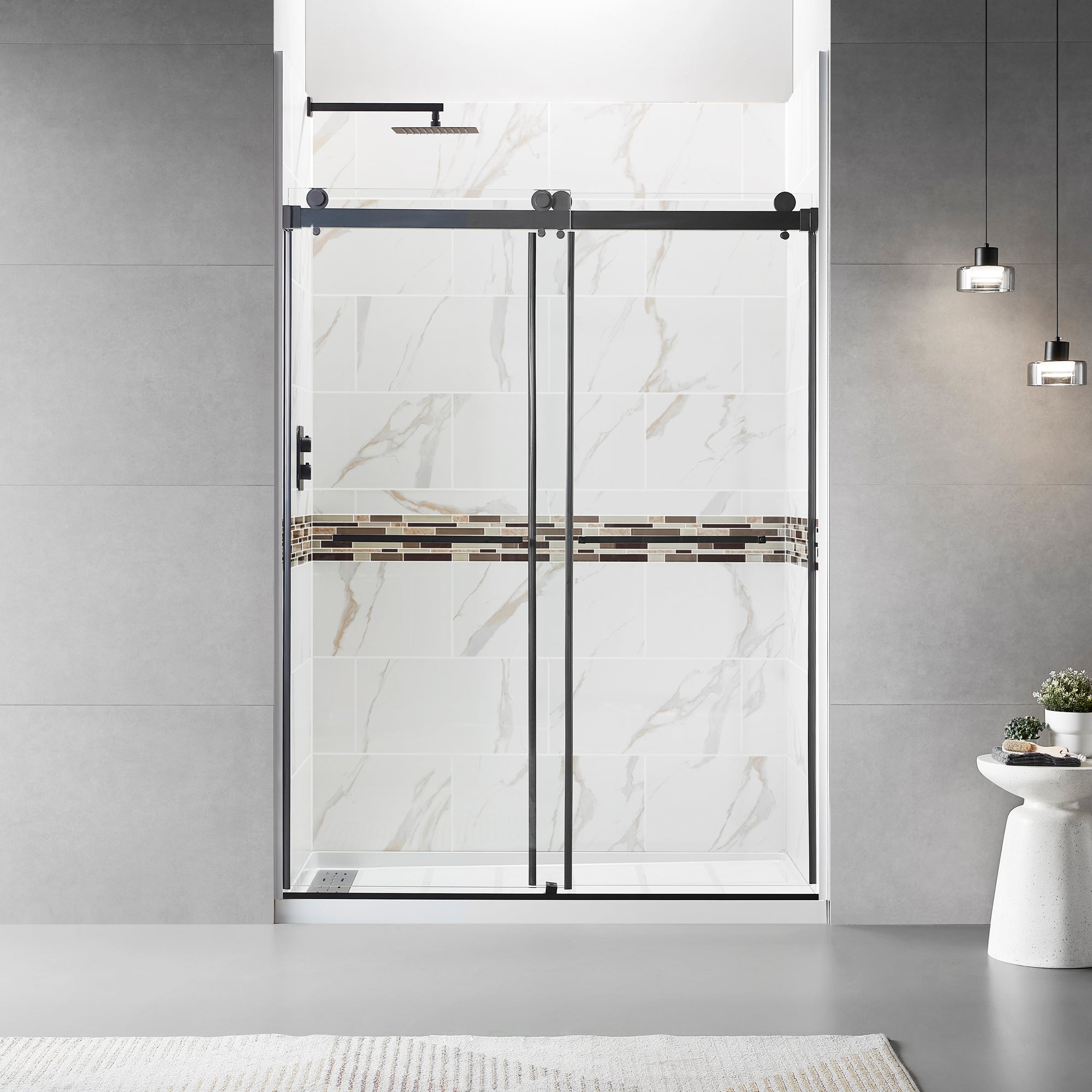 56" 60"W X 76"H Frameless Double Sliding Shower Door, 3 8" 10Mm Clear Tempered Glass, Glass Door For Bathroom, Matte Black Finish Matte Black Bathroom American Design Glass Metal