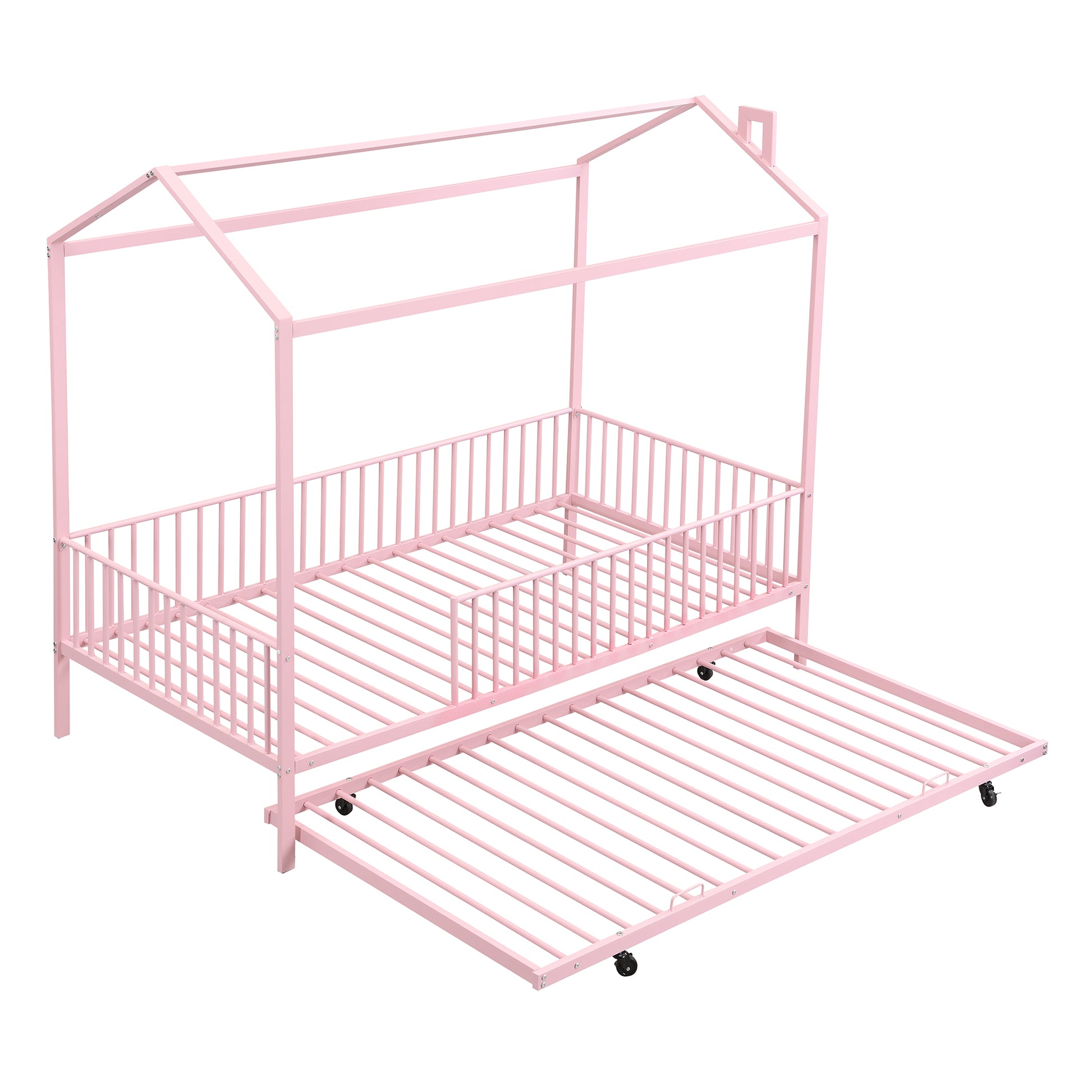 Twin Size Metal House Bed With Fence, With Trundle, Pink Expected Arrival Time: 10.18 Twin Pink Metal