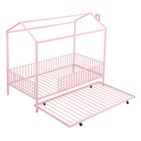 Twin Size Metal House Bed With Fence, With Trundle, Pink Expected Arrival Time: 10.18 Twin Pink Metal