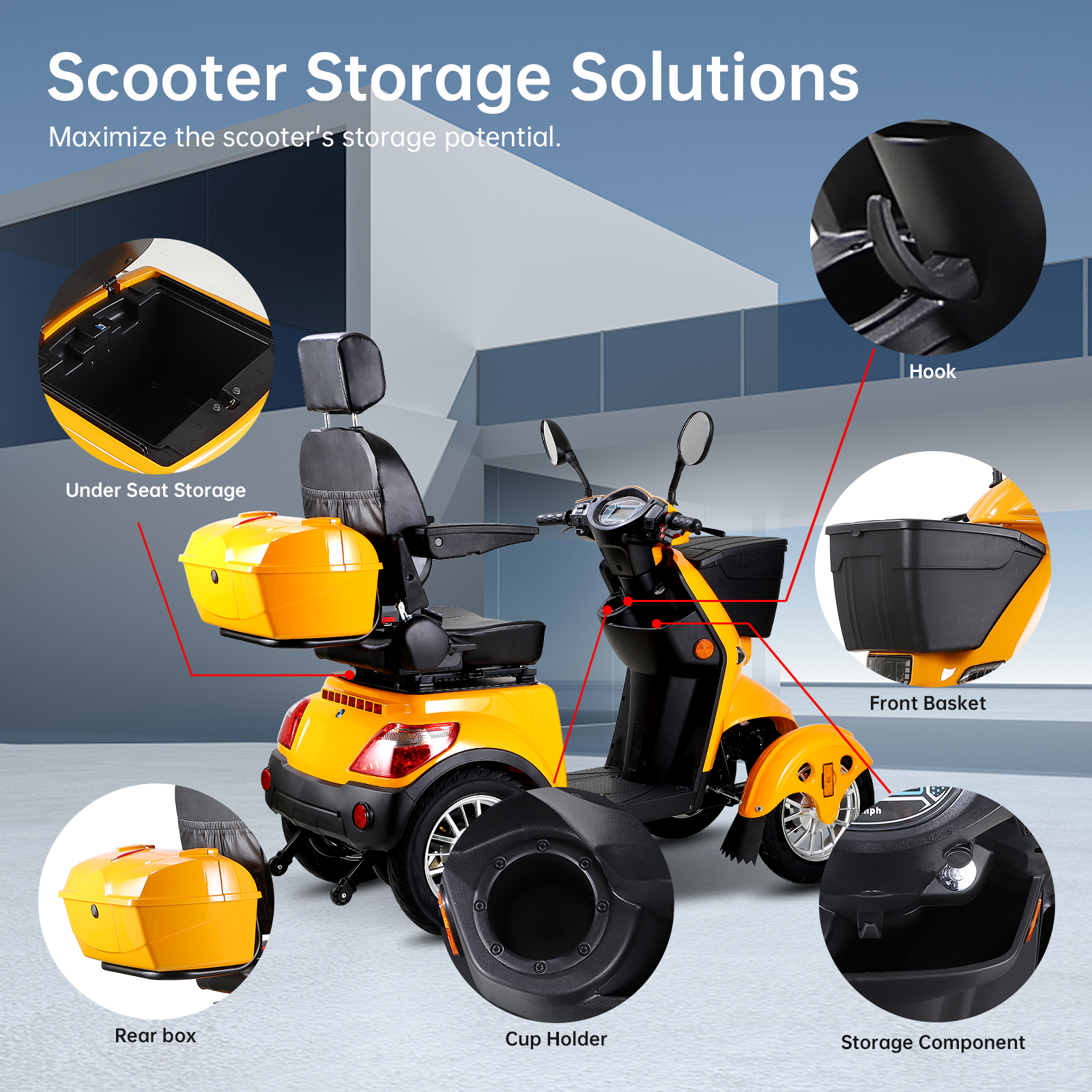 Xl3D4L Electric Mobility Recreational Travel Scooter For Adults,Mobility Scooters For Seniors, 4 Wheel Powered Mobility Scooters Yellow Abs Pc Abs Pc