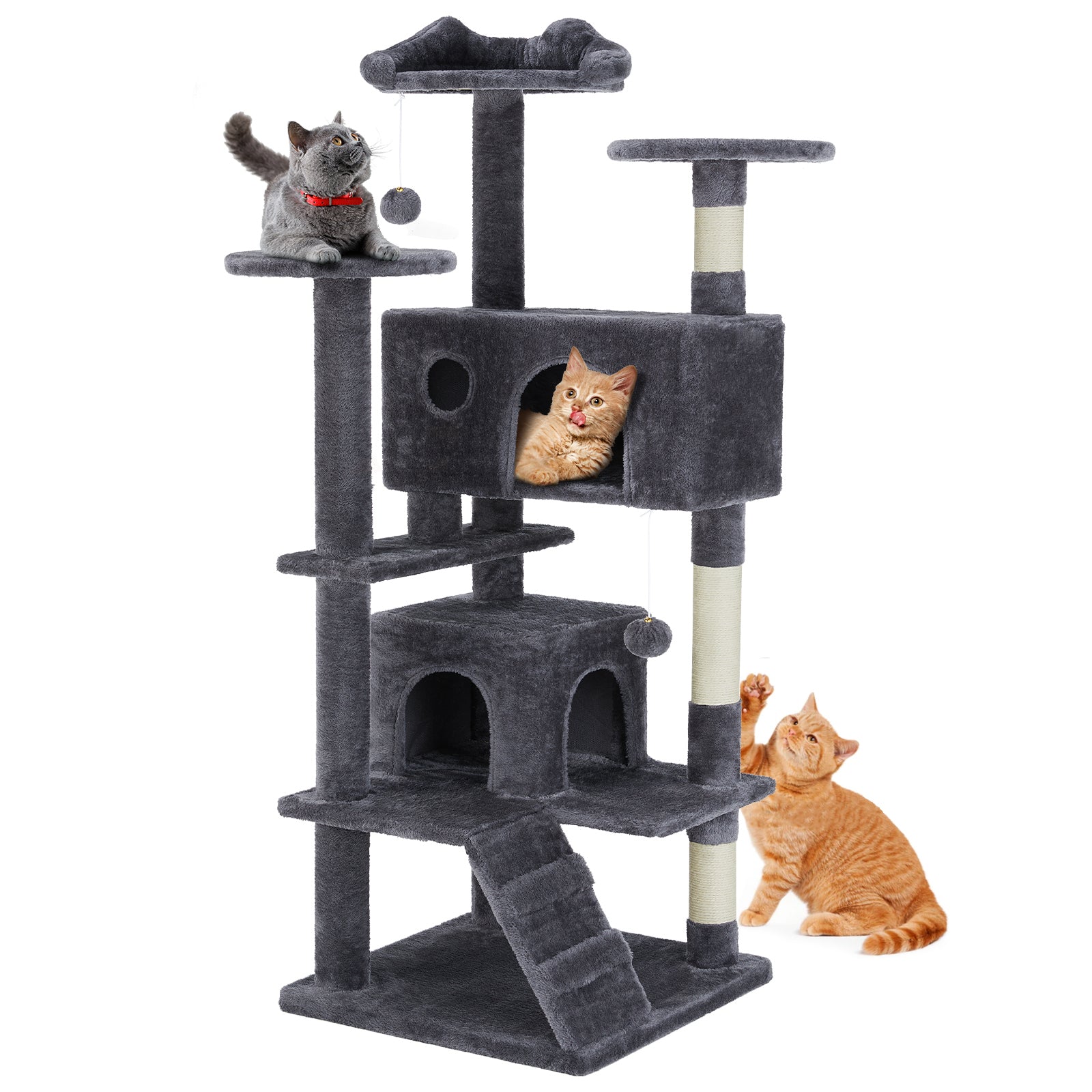 54In Cat Tree, Indoor Cat High Rise Multi Story Tower, Pet Playroom With Large Apartment, Dark Grey Gray Cat Scratch Fabric