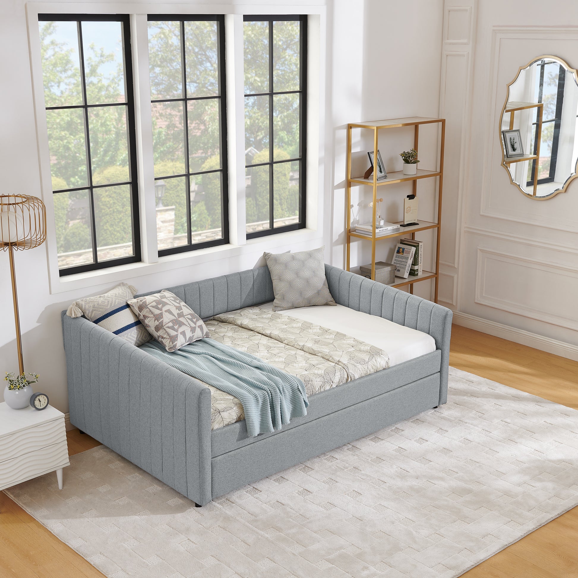 Full Size Daybed With Trundle Upholstered Sofa Bed, With Vertical Stripes, Linen Fabric, Grey 82.5"X58"X30" Grey Linen